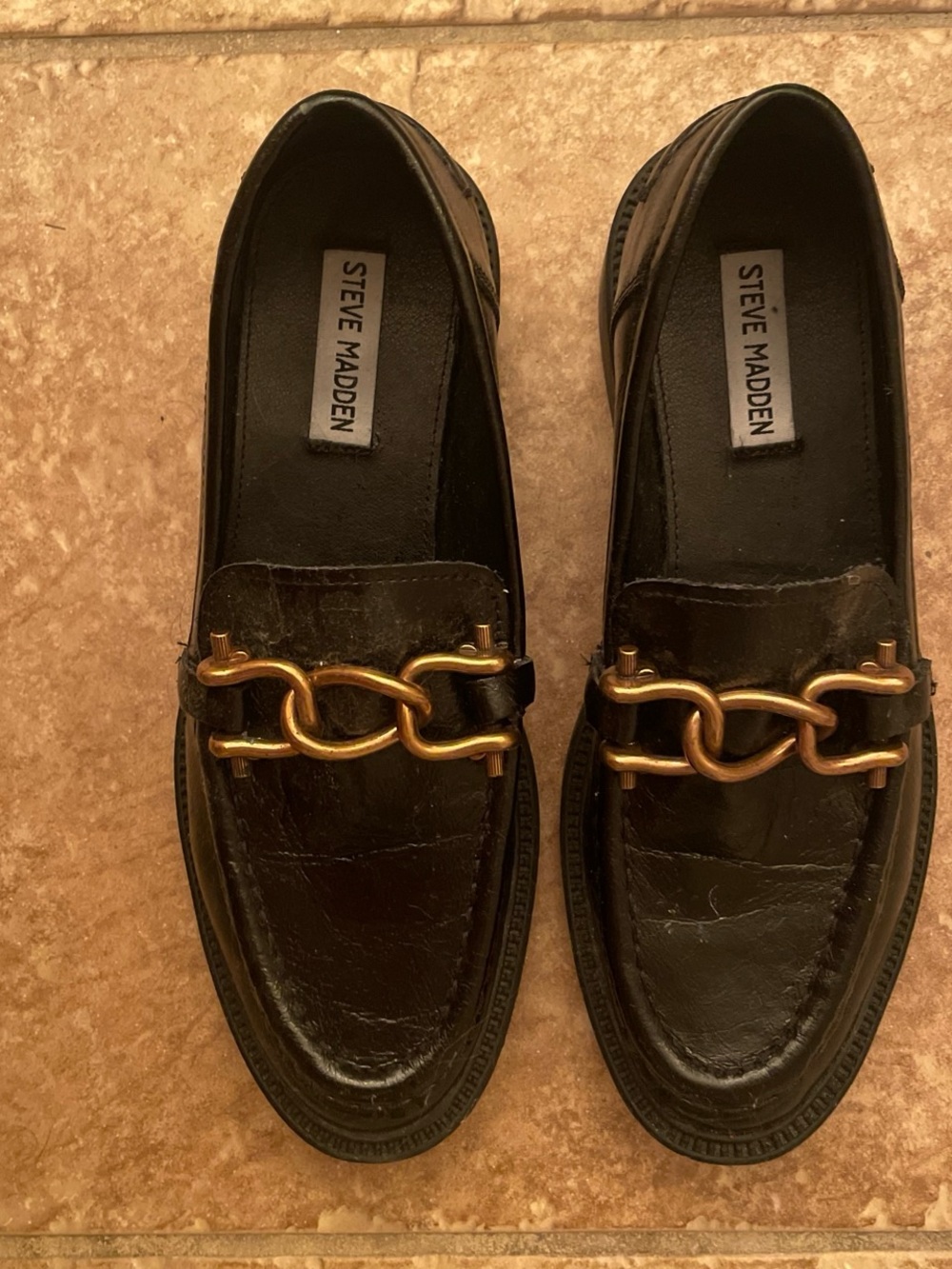 Steve Madden Black Leather Loafers with Gold Chain Accent